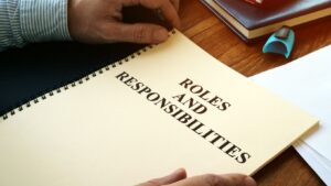 Notepad with the words 'roles and responsibilities' written on it